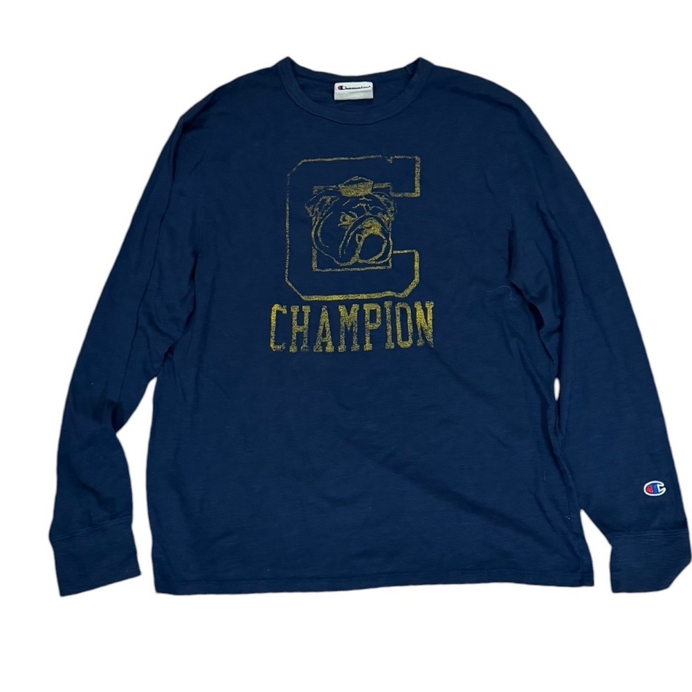 Champion Mens Navy Blue Long Sleeve Bulldog Graphic T-Shirt Distressed Sz L